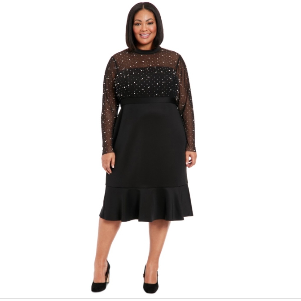London Times Plus Size Beaded Illusion Mock-Neck MIDI Dress - Black